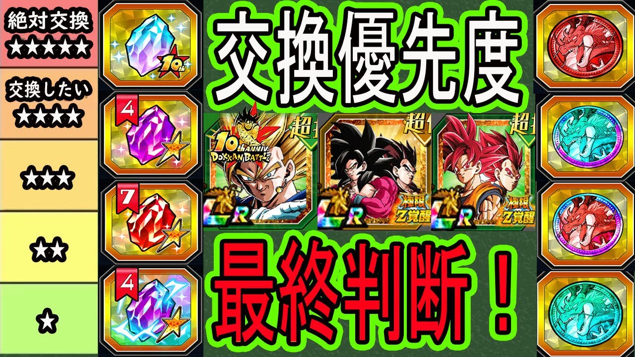 【ドッカンバトル】10周年交換関連優先度ランキング最終判断！「10周年AnniV龍石」「天井コイン」「フェス・祭コイン」「セレクト龍石」「UR・LRプレミアム龍石」サプライズあるかもだけど交換忘れずに