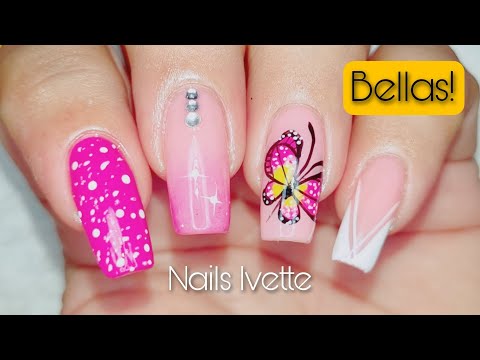 Modelo de UÑAS para manos / Diseño de uñas mariposa rosada y amarillo 🩷💅😍  @NailsIvette