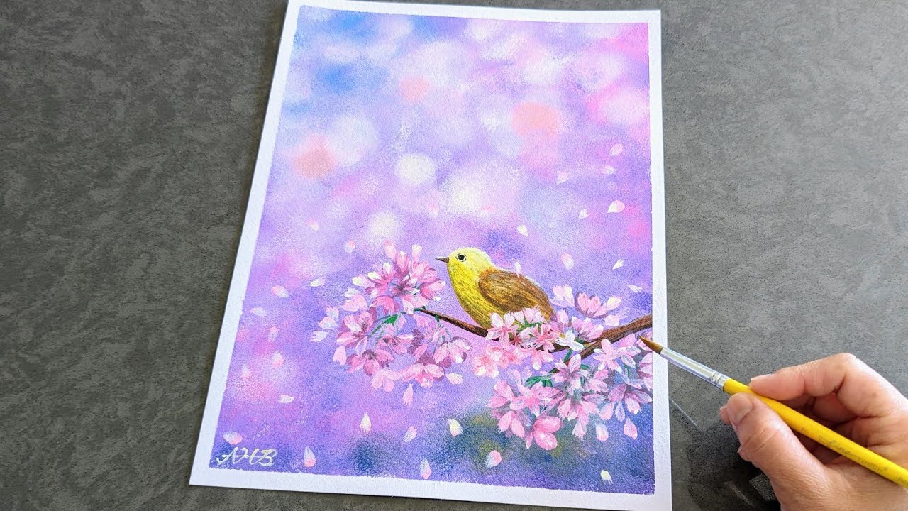 How to paint Cherry blossoms / flowers and bird painting ideas / painting tutorial for beginners #39