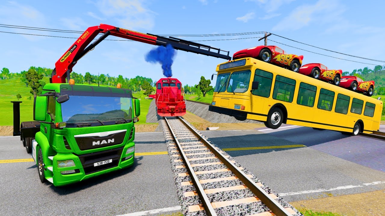 Quadruple Trucks Transporting cars with Flatbed Trailers | Cars vs Speedbump vs Train vs Pothole