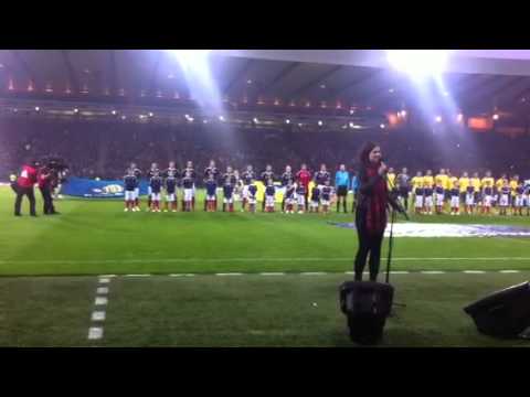 Amy MacDonald performs the National Anthem before the Euro 2012 qualifier against Lithuania.