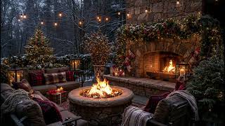 ✨ Cozy Christmas Fireplace Ambience ❄️ Crackling Fire, Snowy Winter Patio & Holiday Lights | 4K