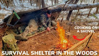 Solo Overnight Building a Shelter in The Snow and a Grilled Cheese Bacon Burger Cooked On a Shovel