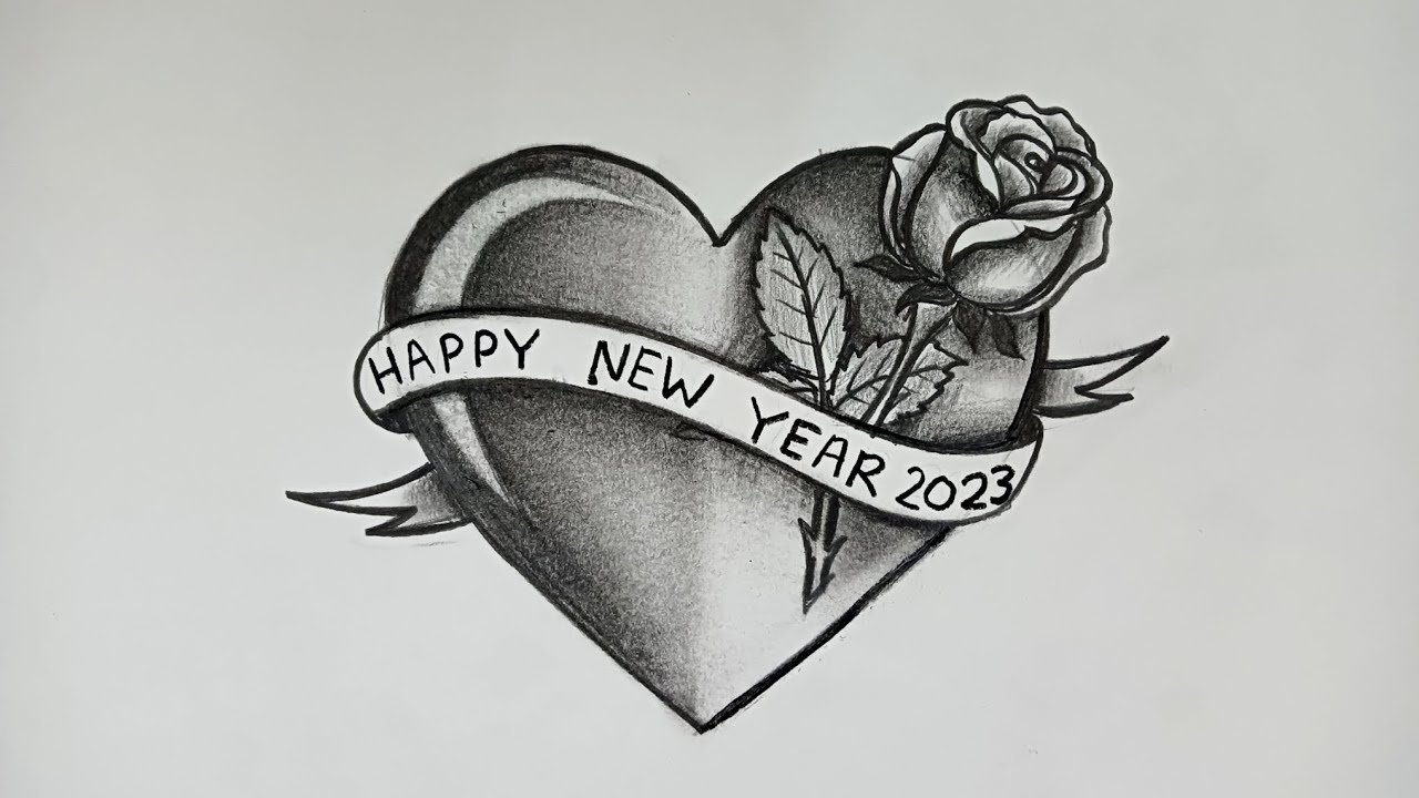 Happy new year 2023 drawing / New year drawing /Heart and Rose ...