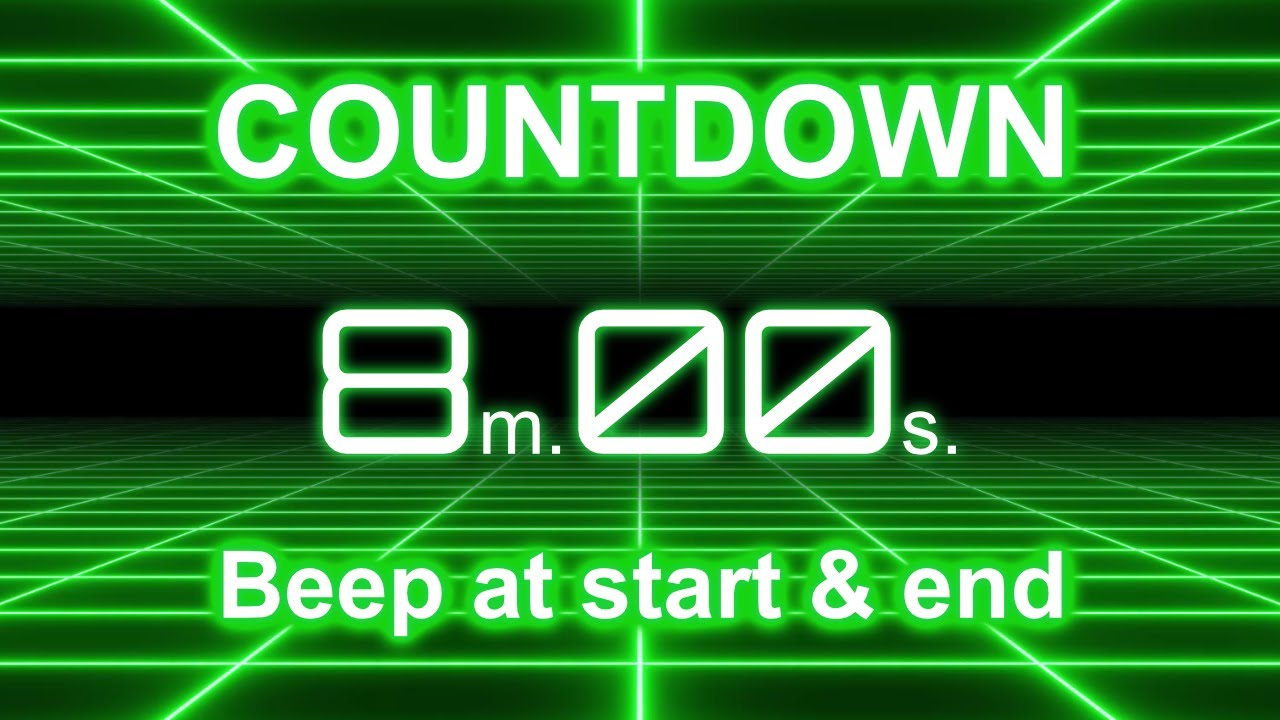 8-Minute Countdown Timer | Start/End Beeps | Neon Green Grid | 4K
