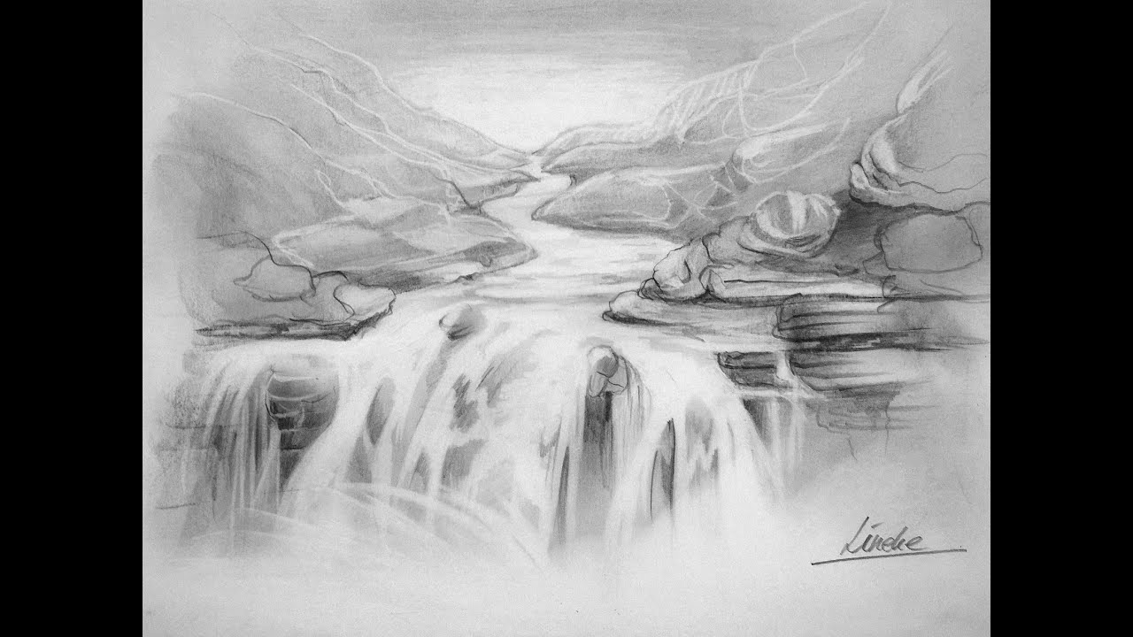 Super Waterval landschap tekening grafiet en gumpotlood - YouTube PM-49