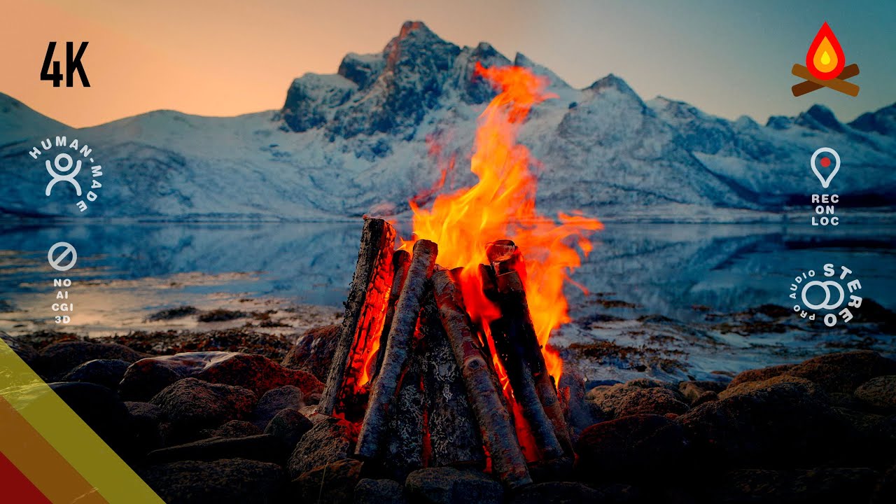 12 hours calm sea 🔥 CAMPFIRE 🔥 in beautiful Lofoten (mid-roll ads turned off)