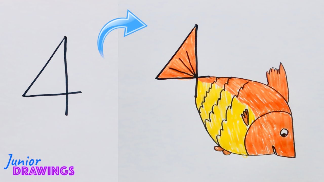 How To Draw Fish Easy Using Number 4 Junior Drawings Youtube
