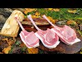 Perfect pork chop on the bone prepared with the help of a hand made hammer asmr outdoor cooking