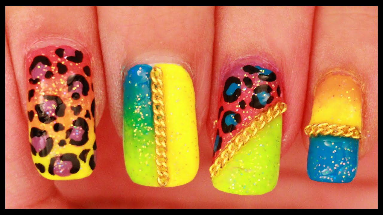 Neon Leopard & Chains nail art