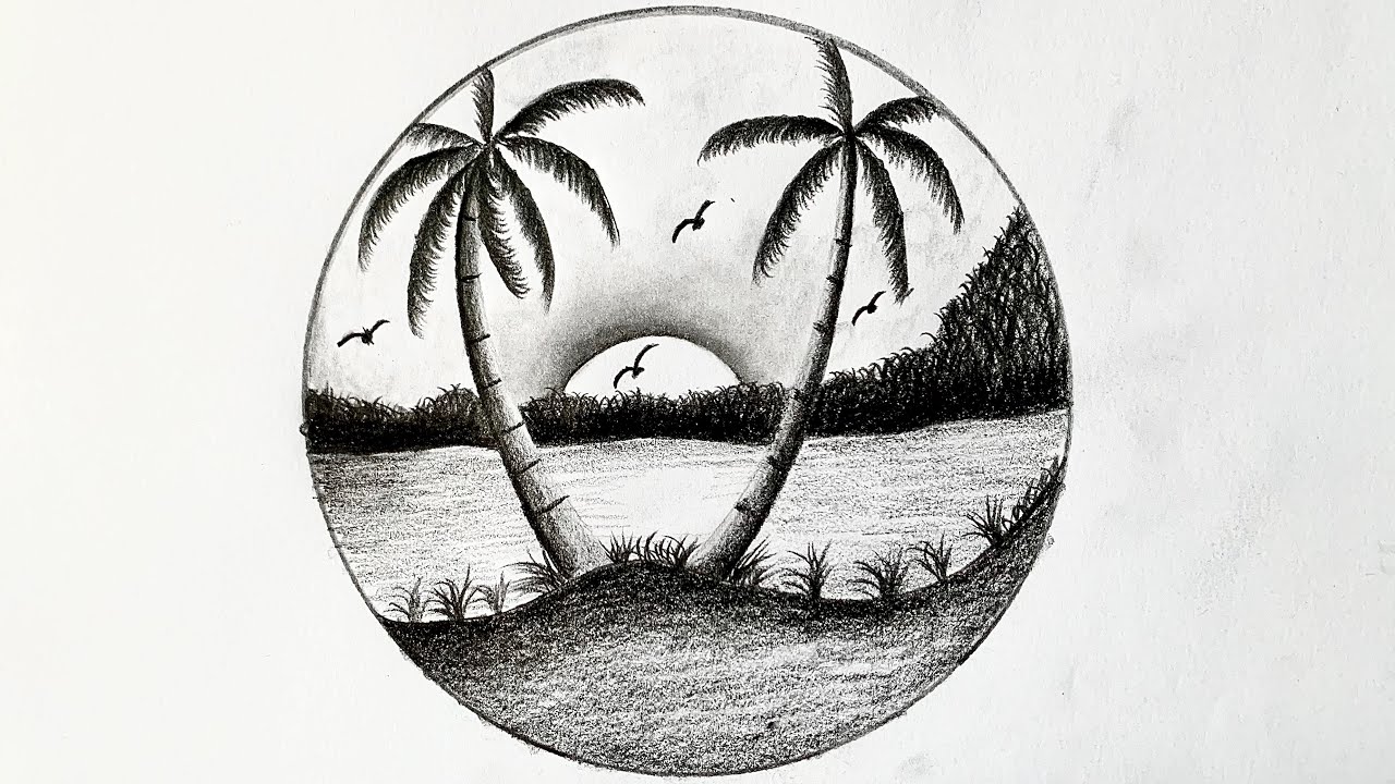 Pencil drawing in circle step by step || Easy scenery drawing || Circle ...