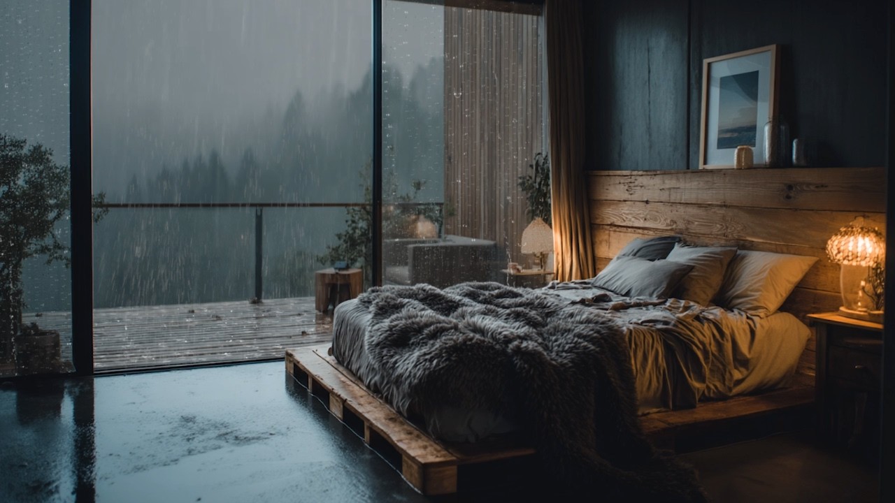 Heavy Rain on Corner Window 🌧️ Cozy Lamp Bedroom for Focus & Deep Sleep