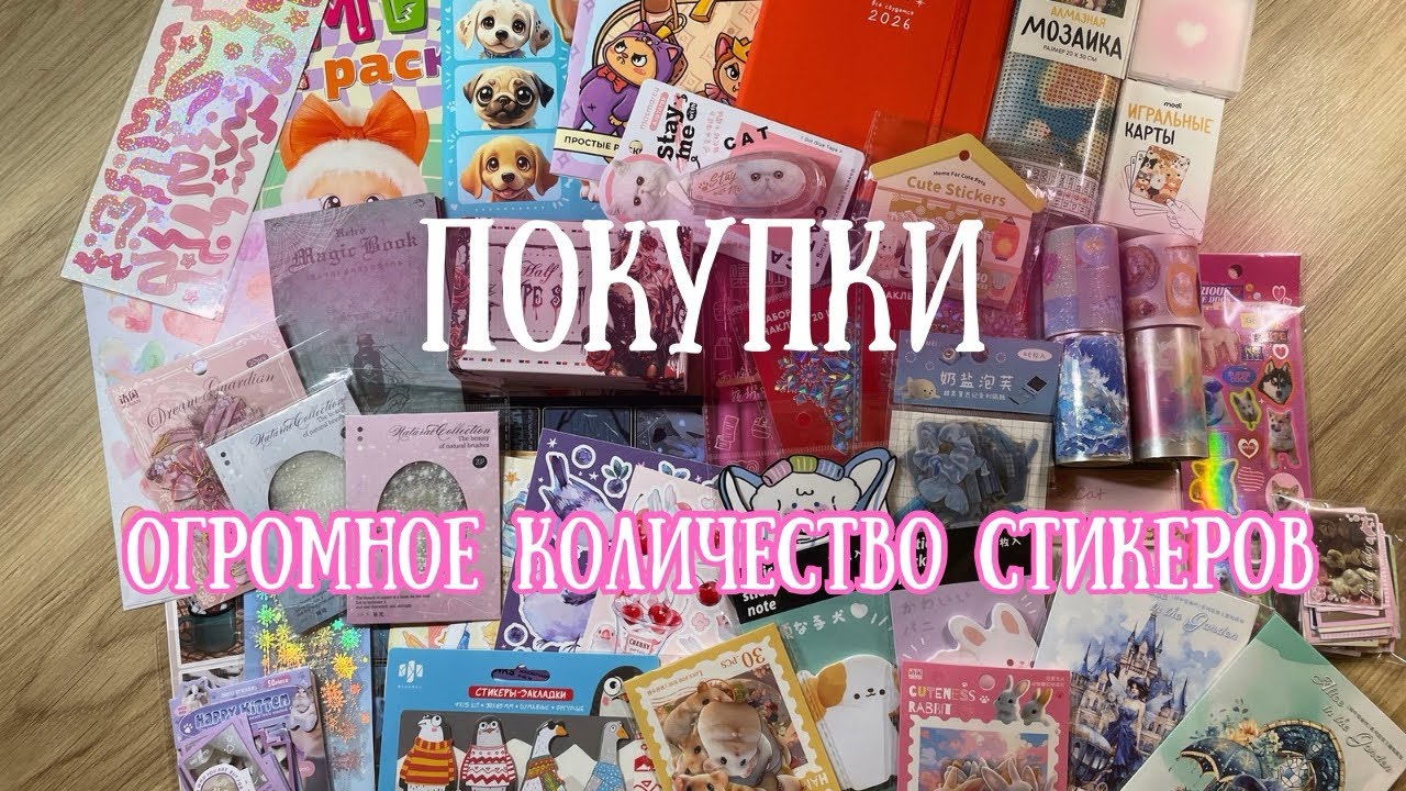 Покупки: раскраски, арт-материалы, очень много стикеров и другое 