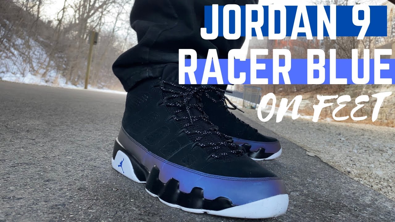 jordan 9 racer blue on feet