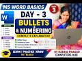 MS Word Basics Day 3 | Bullets &amp; Numbering Explained | MS Office Complete Course | Radha