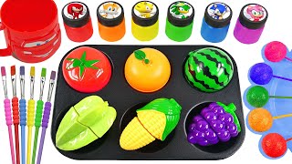Oddly Satisfying l 6 Fruit Toys WITH Rainbov Shiny Lollipop Candy AND Magic Pan Mixin & Cutting ASMR