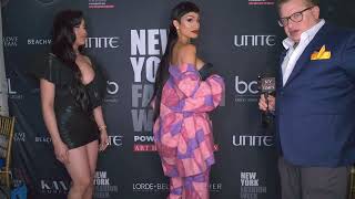 Janeisha wears Designer Tell the Truth and Aria wears Designer House of CB backstage at New York FW