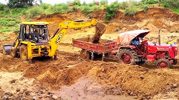 Jcb 3dx Backhoe Loader Machine Loading Mud In Two Mahindra 475 Di & 295 Di Tractor | Jcb And Tractor
