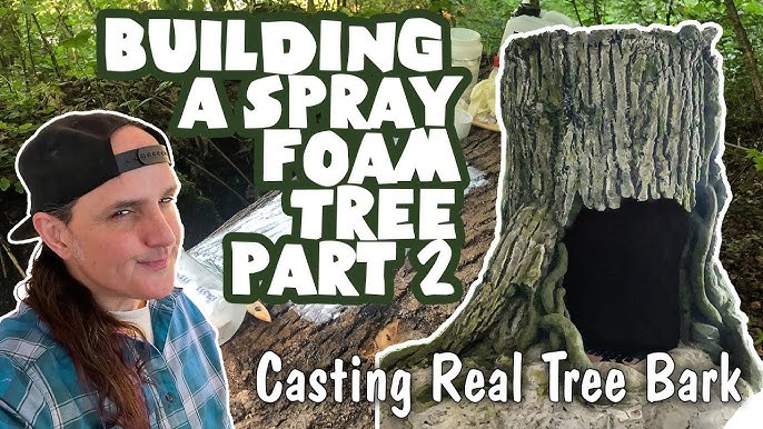 DIY tree trunk using Great Stuff spray foam (found in the caulking aisle),  concrete tube molds, and spray paint (Rustoleum Camou…