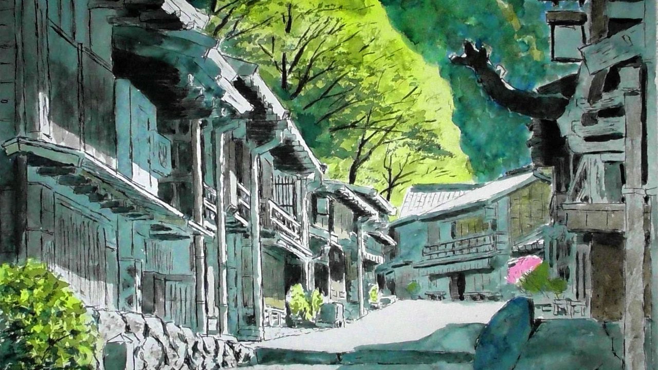 宿場町の風景　中山道、妻籠宿（透明水彩風景画）Japanese post town 【Watercolor】