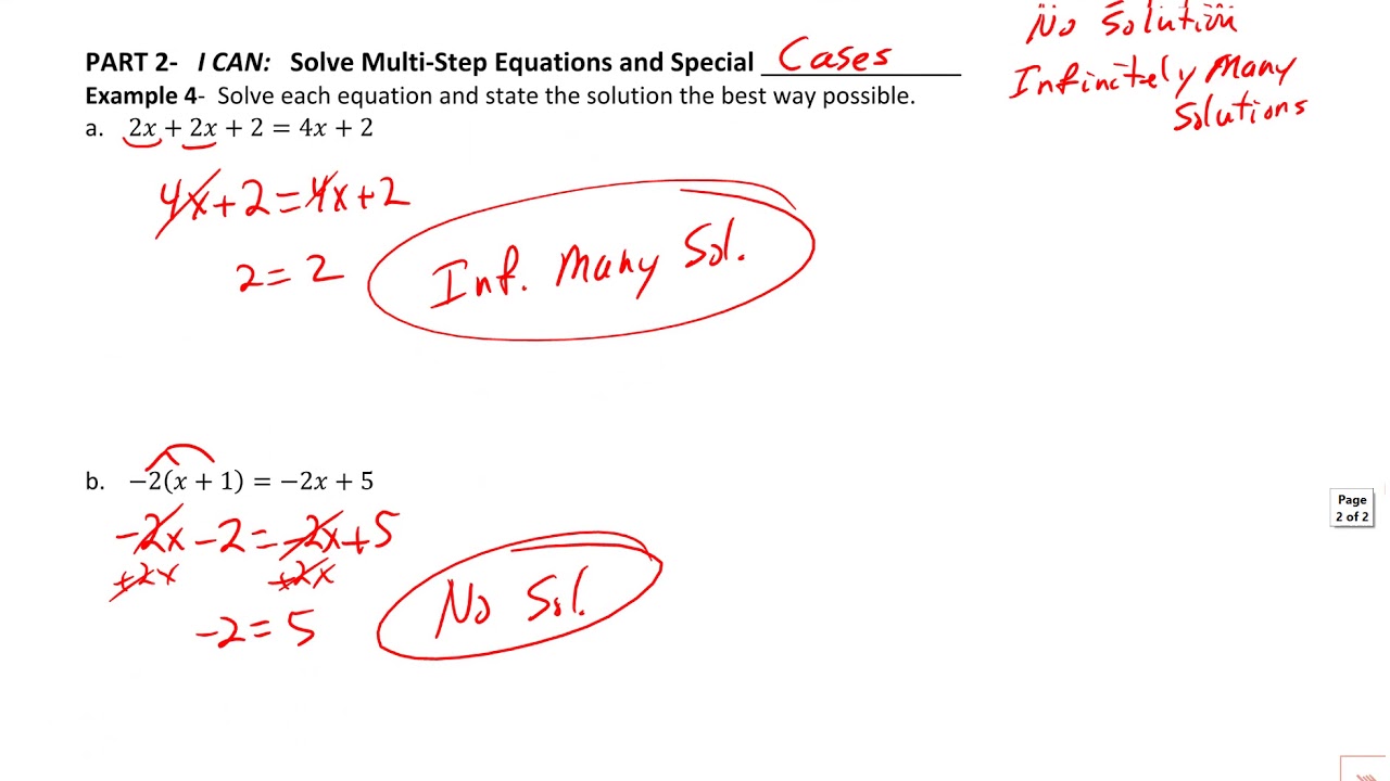 1.6 Solving Multi-Step Equations with Special Cases Part 2 - YouTube