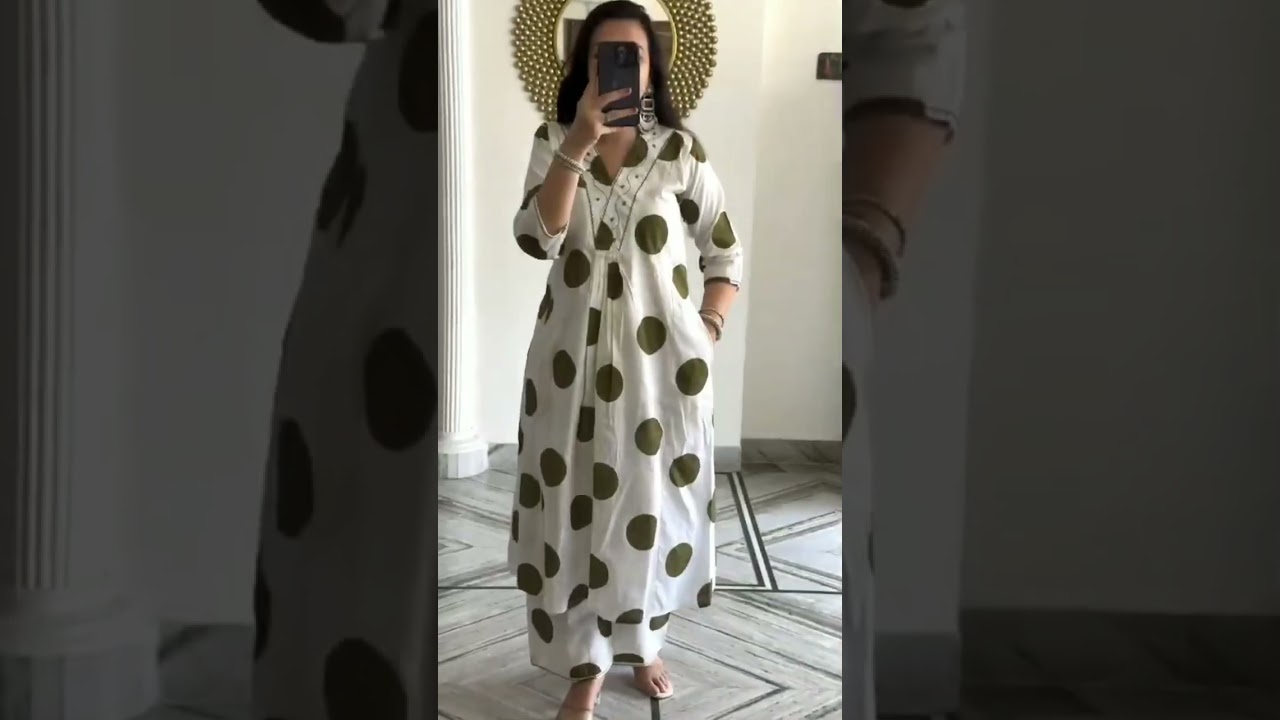 Easy Breezy Summer Cotton Co-ords. Polka V Neck and less Work Kurti and Pant Embroidery Cotton Set