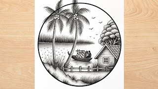 Easy circle scenery drawing l Beautiful Village Scenery Drawing | Easy Landscape Art for Beginners