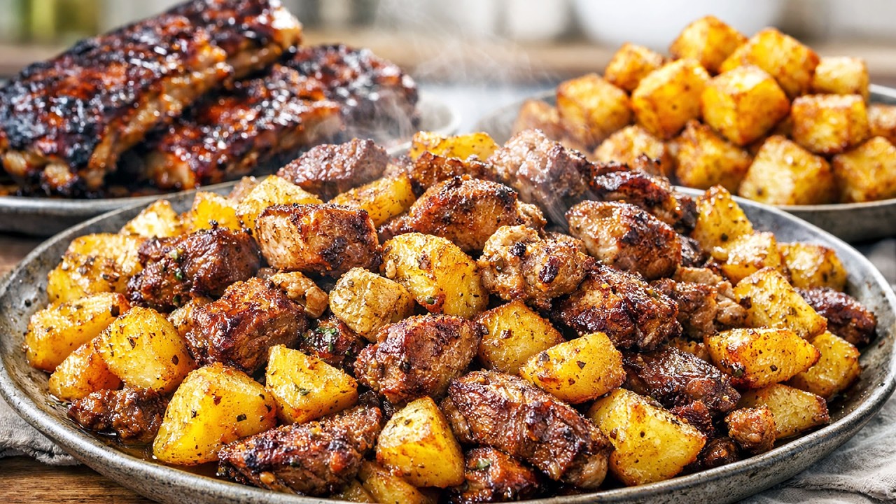 Три способа приготовления мяса и картофеля – на сковороде, в духовке, во фритюрнице.