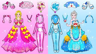 DIY Paper Doll | Pink Rapunzel vs Blue Elsa Hello Kitty And Doraemon EXTREME Makeover | Dolls Beauty