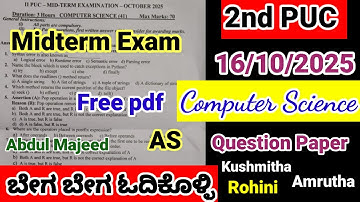 2nd PUC Computer science Midterm exam Question Paper 2025 important questions for midterm exam 