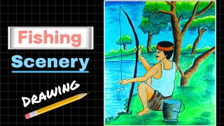 Fishing Scenery Drawing Step by Step || Fishing Scenery Drawing || Fishing Village Scenery Drawing