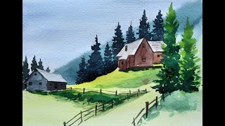 Beautiful Mountain Village Scenery Painting|Mountain Village Scenery Painting With Watercolor