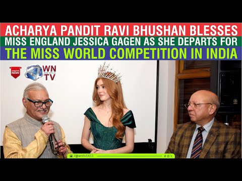 Pandit Ravi Bhushan blesses Miss England Jessica Gagen as she departs for the Miss World competition