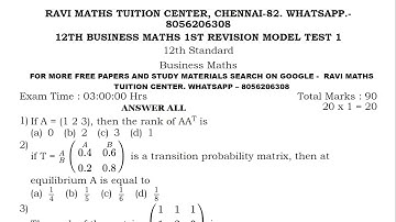 12th Business Maths First Revision Test Model Question Paper - 1 EM 2022 | 12th Business Maths Test