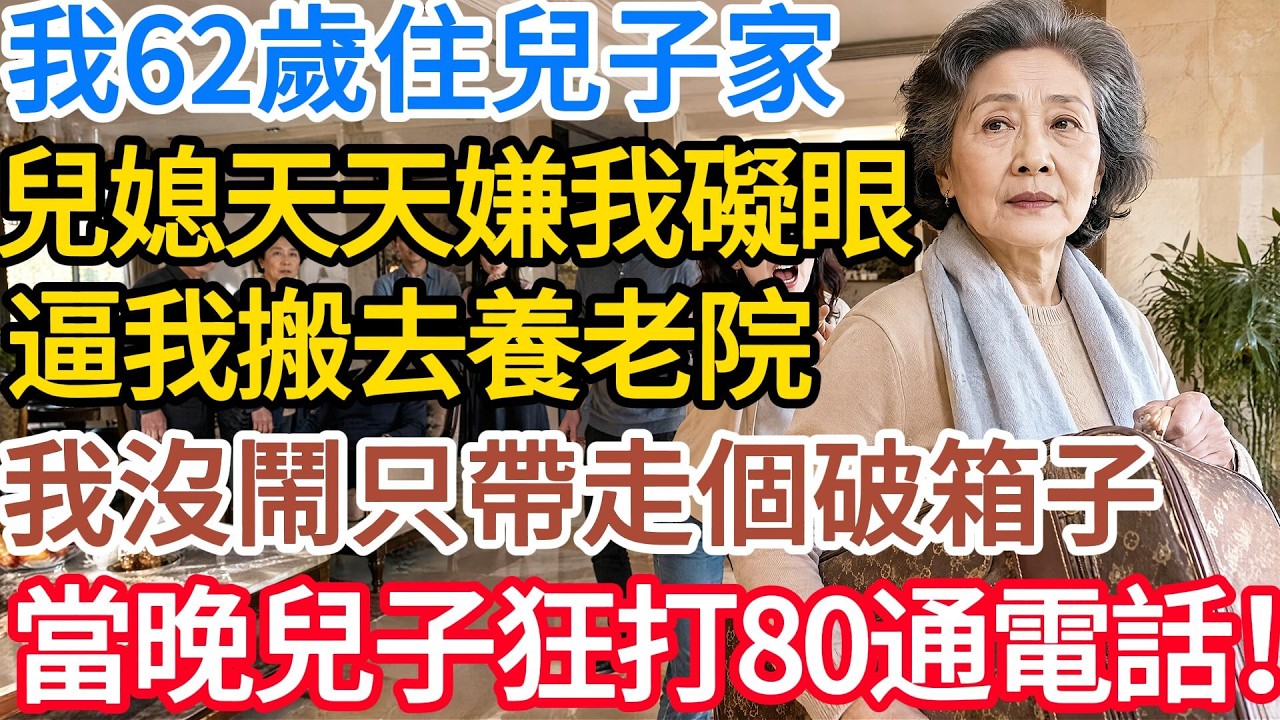 我62歲住兒子家，兒媳天天嫌我礙眼，逼我搬去養老院，我沒鬧只帶走一個箱子，當晚他給我打了80通電話！#讲故事  #阿福故事會 縮圖