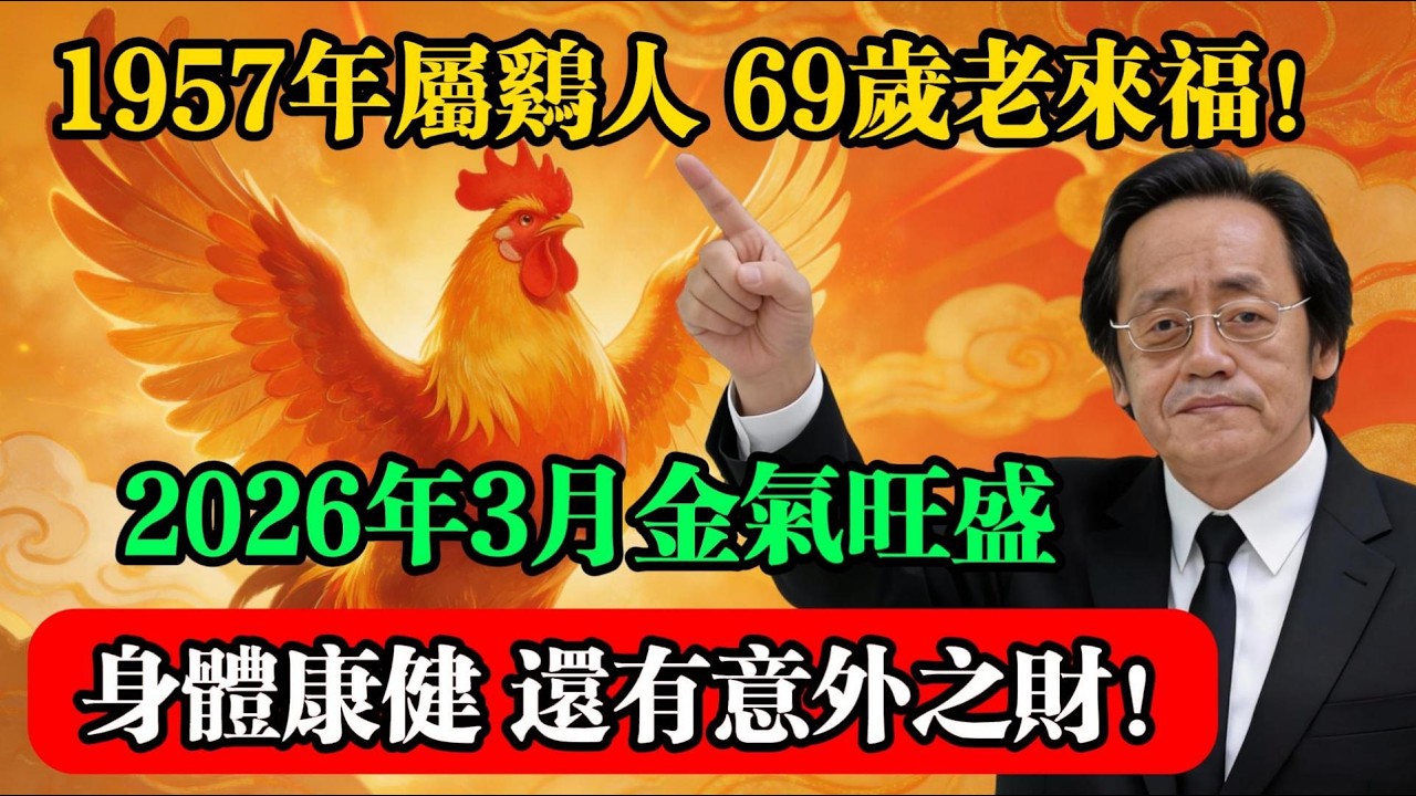 1957年屬雞人：69歲老來福！2026年3月金氣旺盛，身體康健，還有意外之財！#屬雞運勢 #1957丁酉雞 #生肖運勢 #倪海廈 #2026丙午年 #命理解析 #人生轉運  #流年運勢