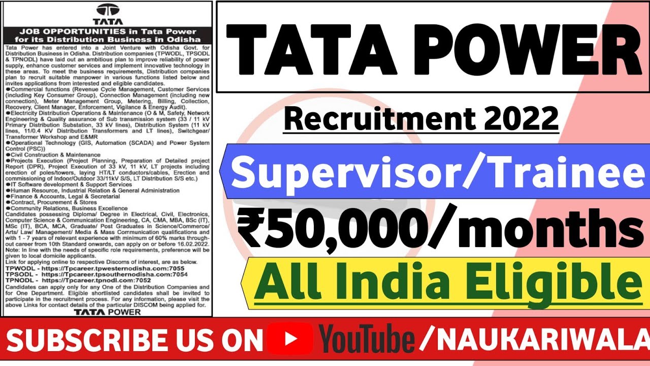 Tata Power Recruitment 2022 Fresher CTC ₹65,000/ Latest Jobs