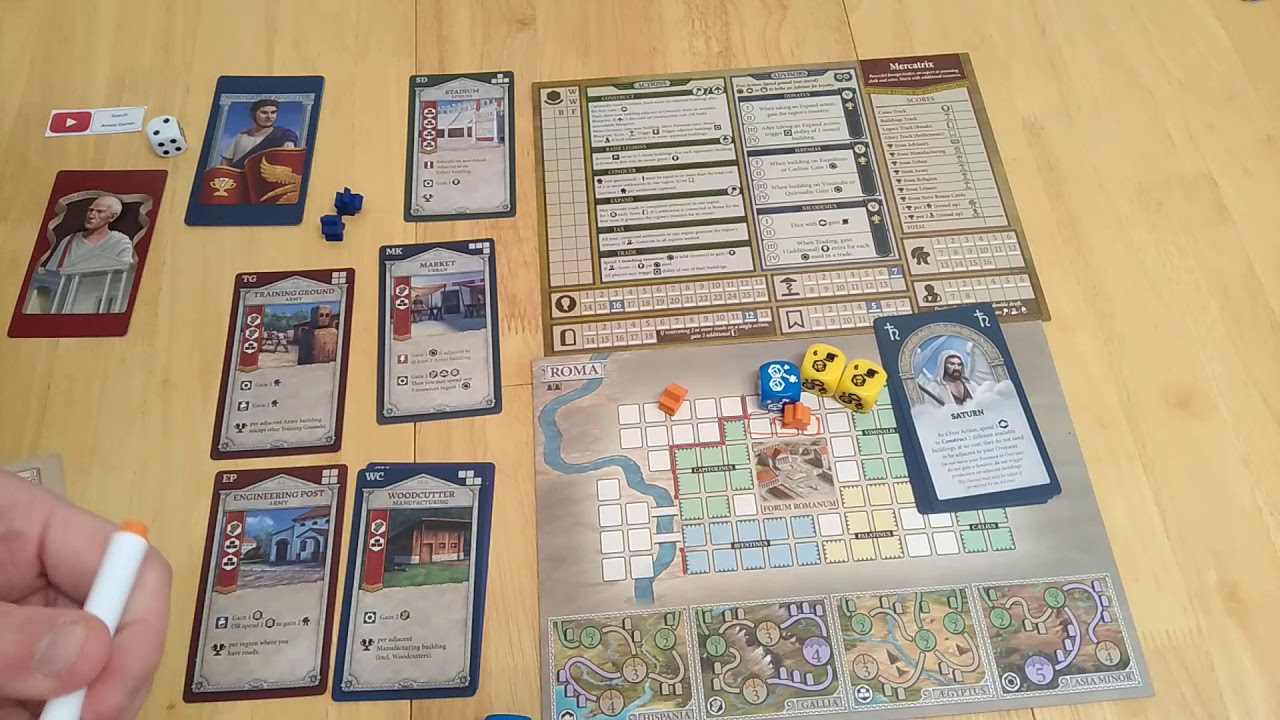 Rome & Roll board game - how to Setup Play and Review * AmassGames * PSC Games Roll and Write Turczi