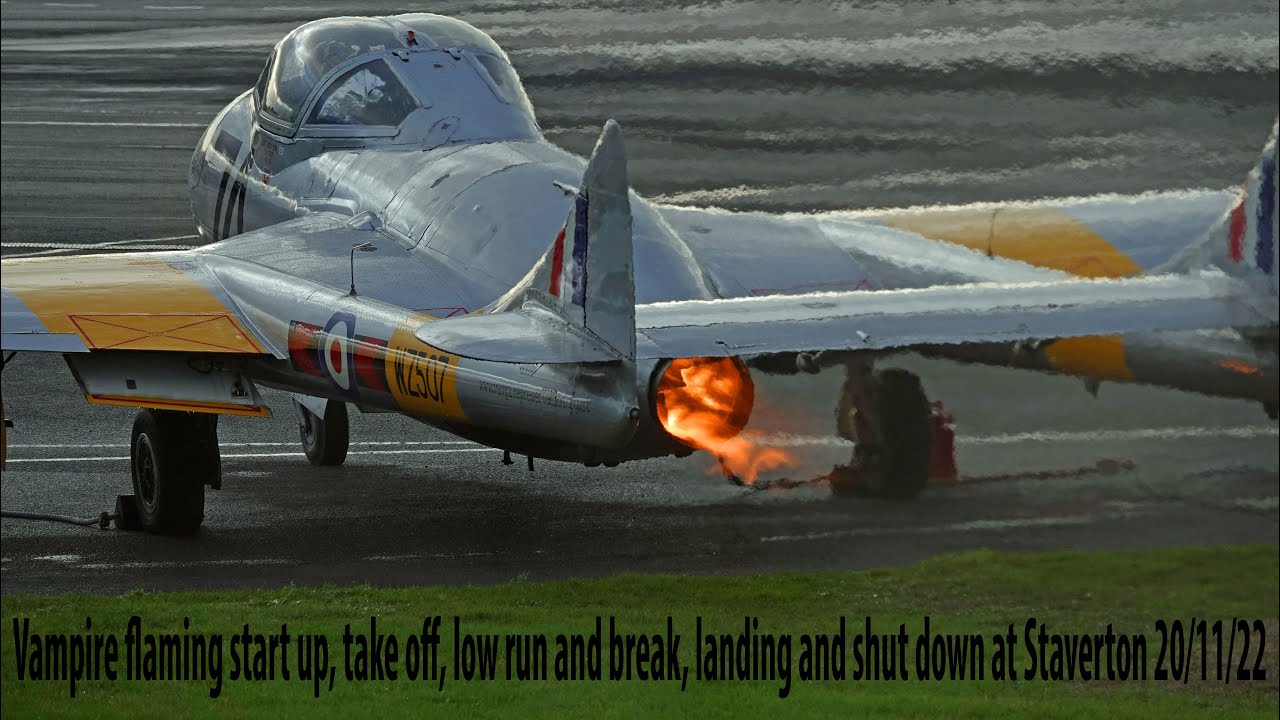 Vampire T.11 WZ507 G-VTII start up, take off, landing and shut down, Gloucester airport on 20/11/22