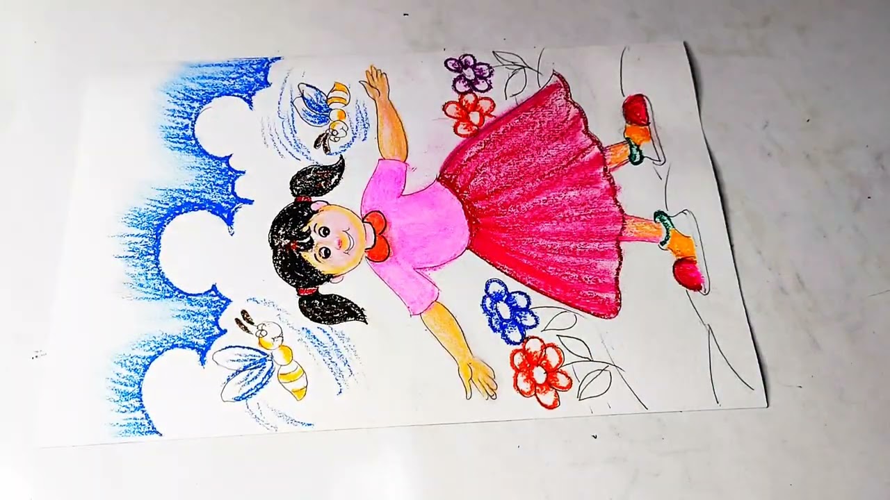 How to Draw a Happy Girl Dancing in a Garden  Easy Oil Pastel Drawing for Beginners!