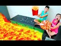 KunKun and Kay play the lava challenge with cooking food toys