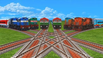 4 Colorful Trains Crossing On Red Bumpy Forked Diamond Railroad Track #123 | BeamNG Train Simulator