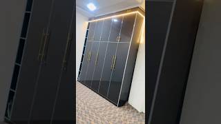 Modern Wardrobe Design 2026 🖤 Grey Glossy   Golden Handles   Blue Trim Almirah | Luxury Storage Idea