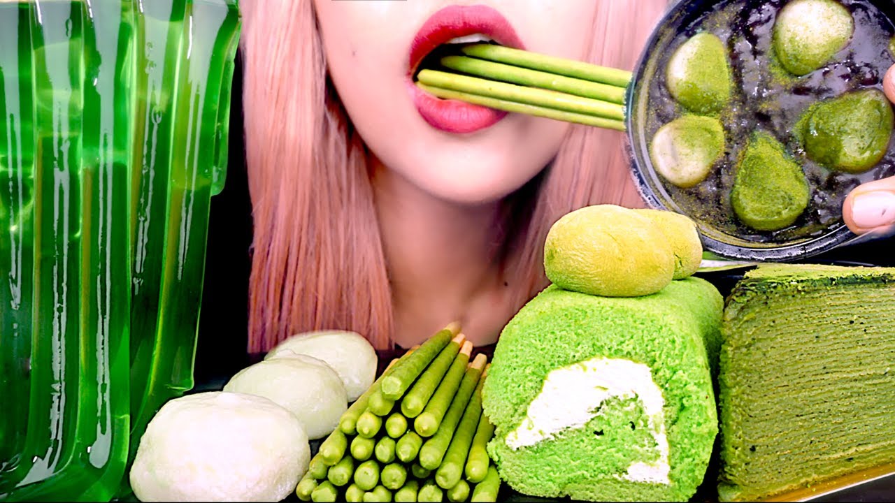 ASMR MATCHA MOCHI, JELLY, CREPE CAKE, POCKY | EATING SOUNDS 먹방