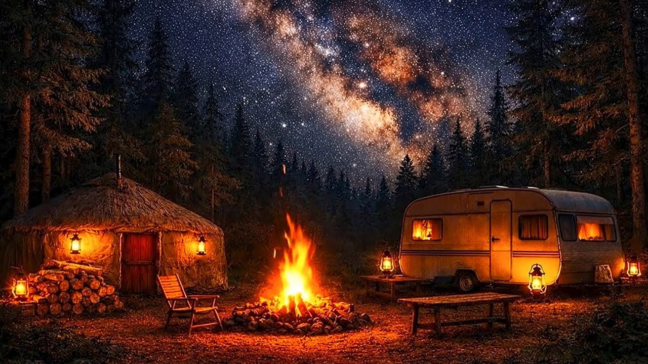 🔥Cozy Campfire Sounds at Night | Relaxing Ambience Under the Milky Way, Meditation, Background Noise