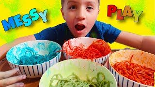 MESSY PLAY Making Rainbow Spagetti | learning colours
