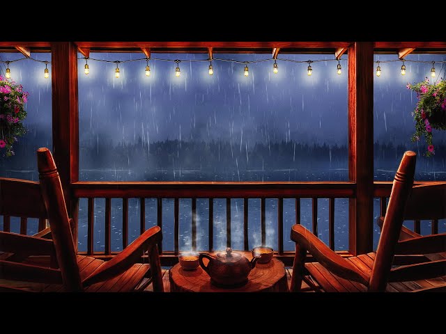 Cozy Cabin Porch Ambience - Rain & Thunderstorm Sounds 8 hours on Balcony for Sleep, Study, Relax class=