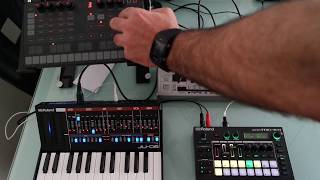 Roland Mc101 sequencing Three synthesizers with a single midi output with a multi jack connector Jam