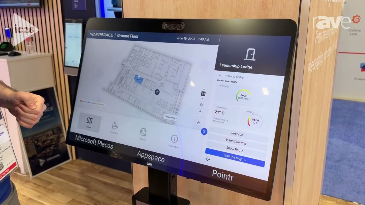 InfoComm 2026: Appspace Presents Wayfinding Software on Kiosk Showing Floor Plan and Available Rooms