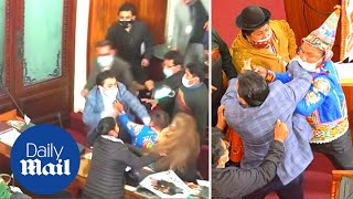 Crazy moment Bolivian politicians fight in parliament before falling over